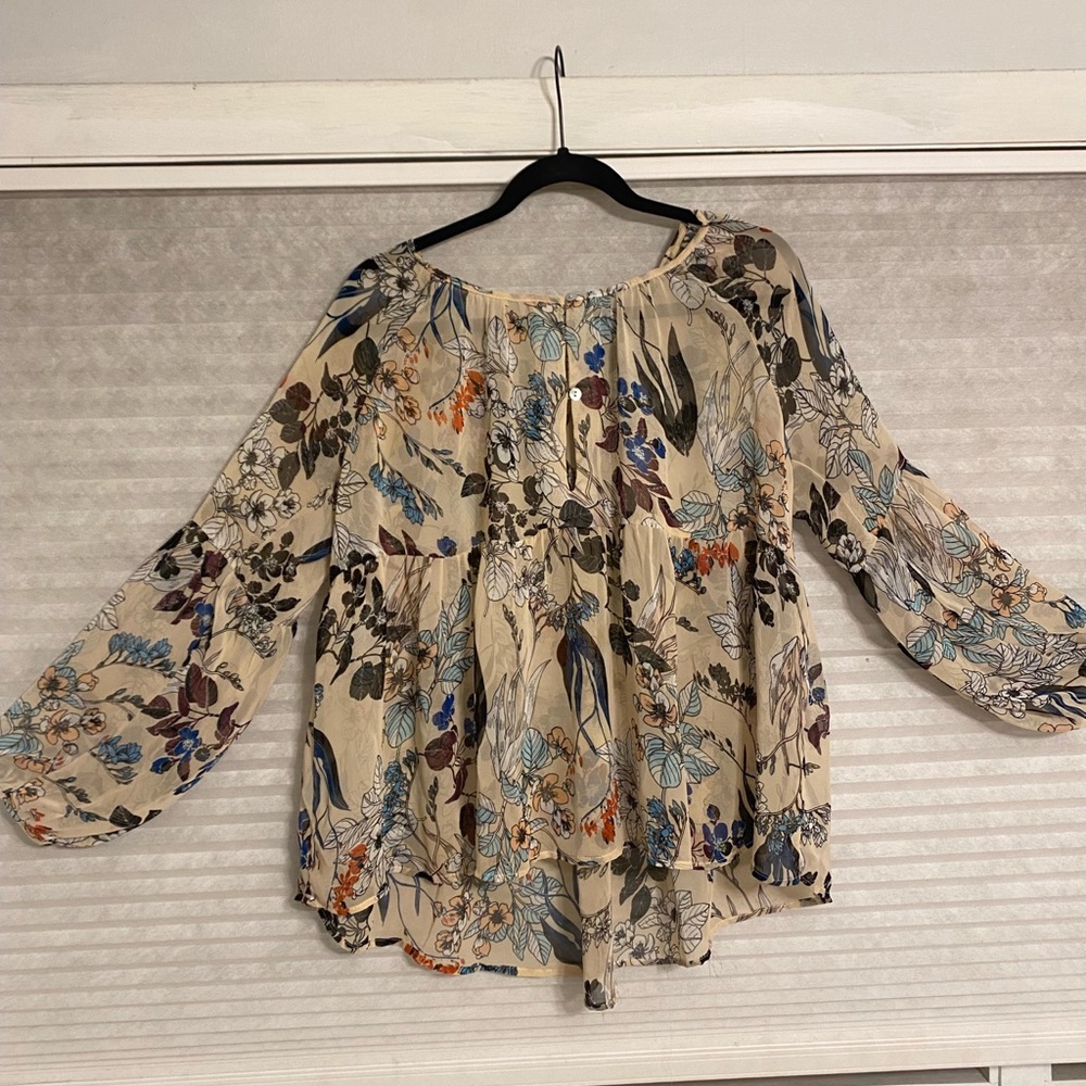 Anthropologie Cream Floral Peasant Blouse with Blue and Brown Accents